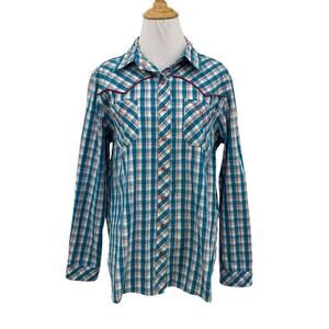 Bit & Bridle Shirt Womens L Large Check Pearl Snaps Buttons Long Sleeve Western